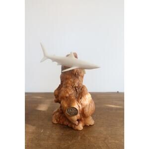 Vintage John Perry Shark on Burl Wood Base 7" Tall Coastal Art Nautical